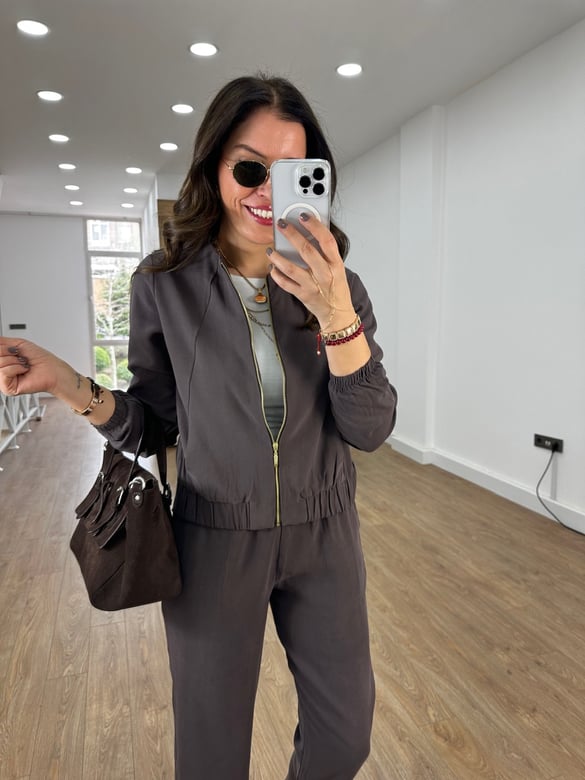 Fermuarlı Pantolon Ceket Takım - Kahverengi