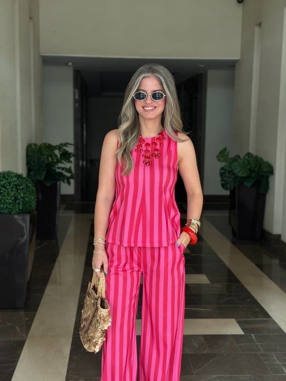 Kırmızı Pembe Çizgili Bluz Pantolon Takım