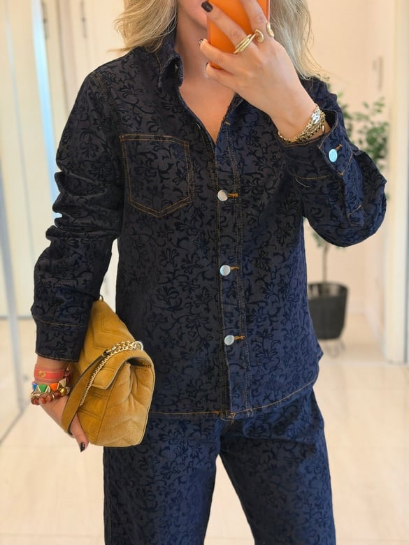 Orijinal Marka Jakar Dokuma Detaylı Denim Takım - Lacivert 