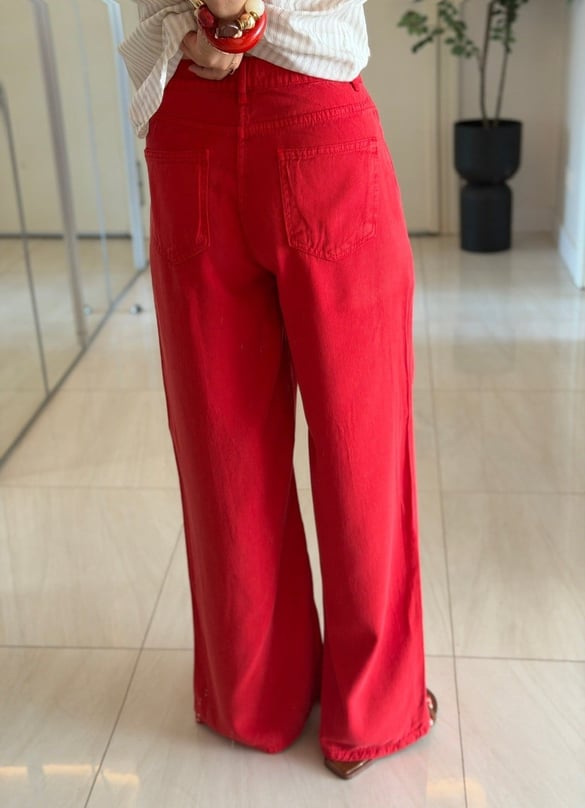 Premium Tensel Palazzo Denim Pantolon - Kırmızı