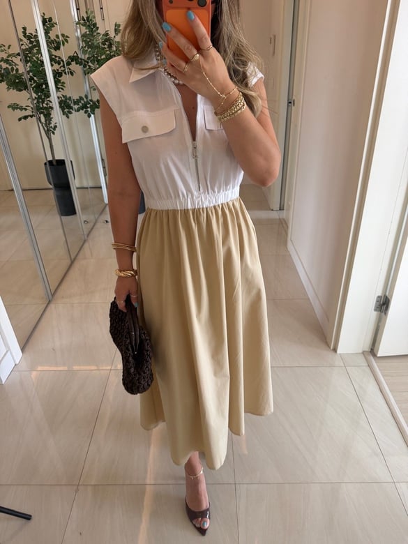 Beli Lastikli Cepli Poplin Elbise-Bej
