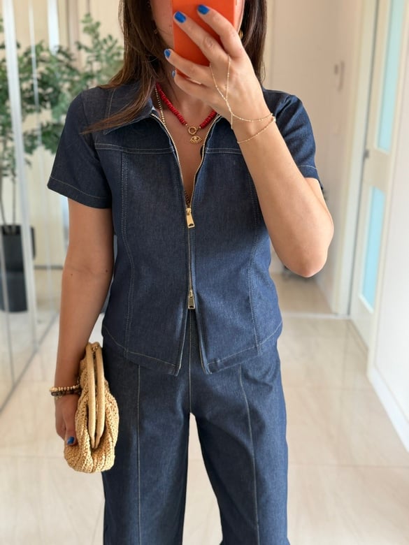 Çift Fermuarlı Likralı Denim Gömlek - Mavi