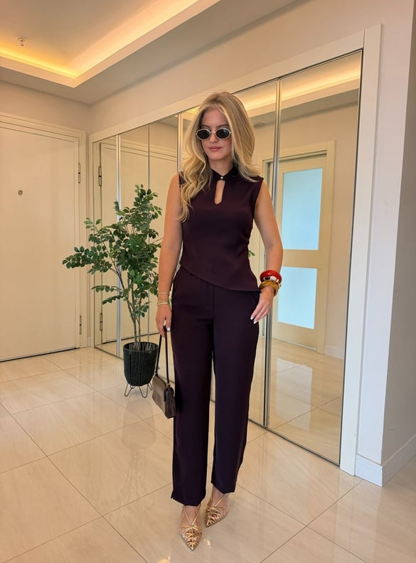 Damla Detaylı Bluz Pantolon Takım - Mürdüm