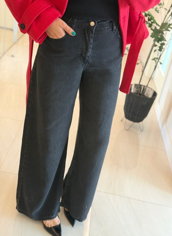 Bel Arkası Lastikli Tensel Denim Palazzo - Antrasit