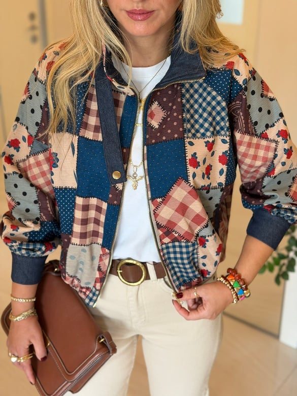 Patchwork Desen Yüksek Yaka Bomber 