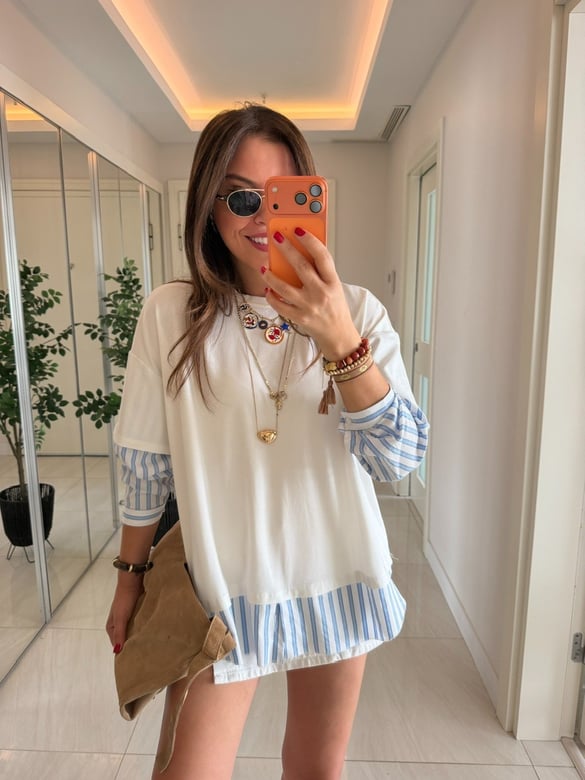 Çizgili Poplin Detaylı Sweatshirt-Beyaz