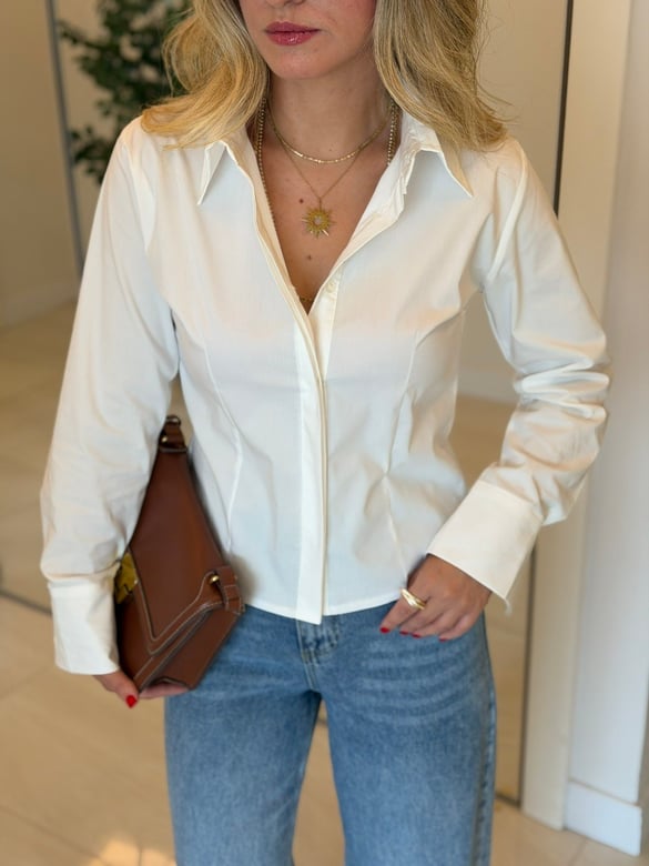 Pamuklu Manşetli Slim Fit Gömlek-Beyaz