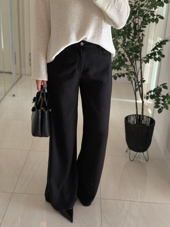 Bel Arkası Lastikli Tensel Denim Palazzo - Siyah