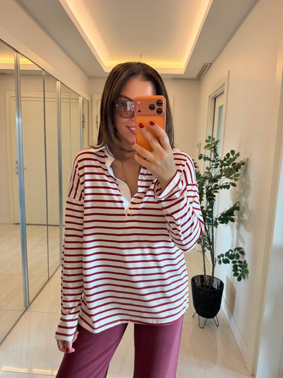 Polo Yaka Kırmızı Beyaz Çizgili Basic