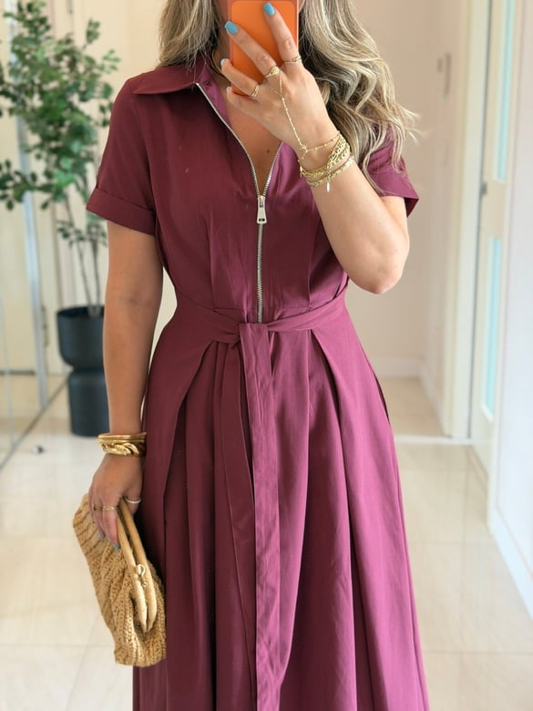 Önü Bağlama Detaylı Polo Yaka Cepli Poplin Elbise-Bordo