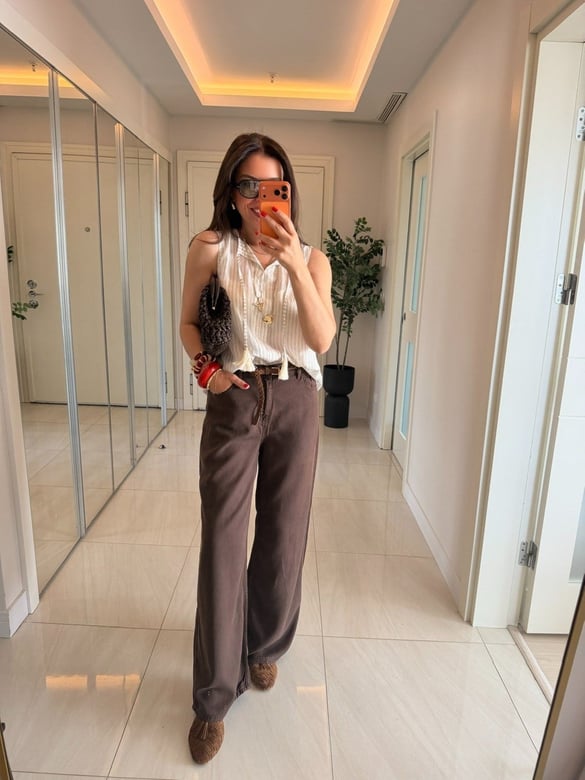 Premium Tensel Palazzo Denim Pantolon - Kahve