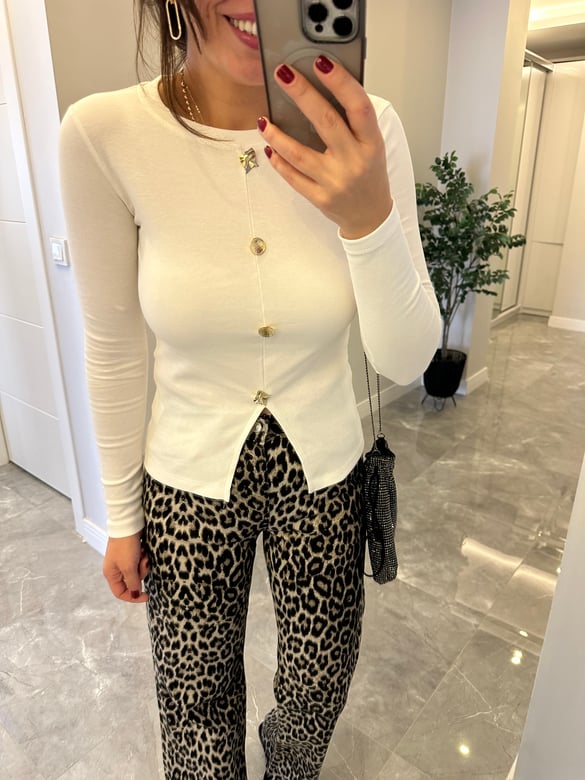 4 Düğmeli Basic Bluz - Ekru