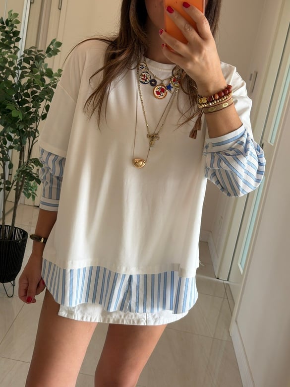 Çizgili Poplin Detaylı Sweatshirt-Beyaz