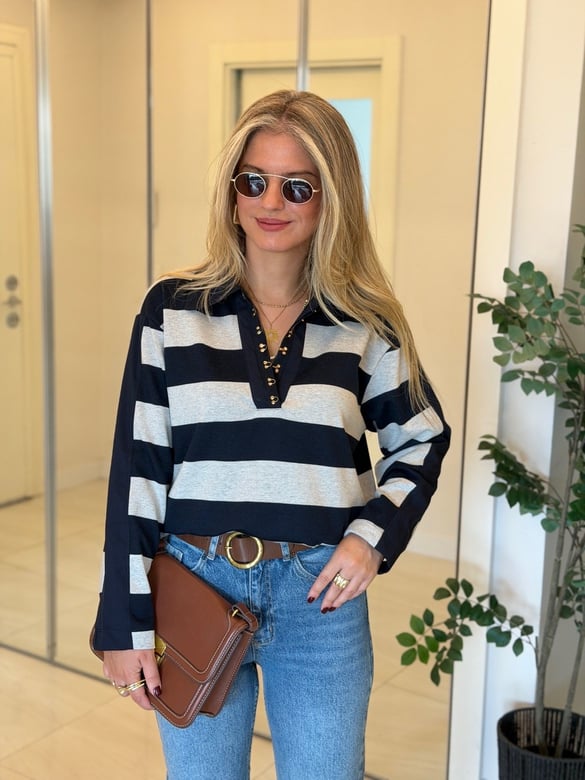 Agraf Detaylı Polo Yaka Çizgili Sweatshirt-Lacivert