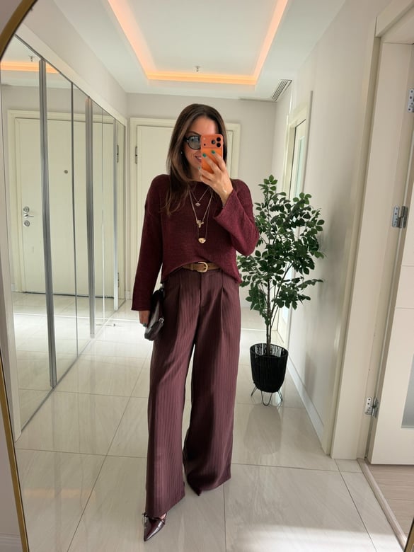 Bel Arkası Lastikli Çizgili Modal Pantolon - Bordo