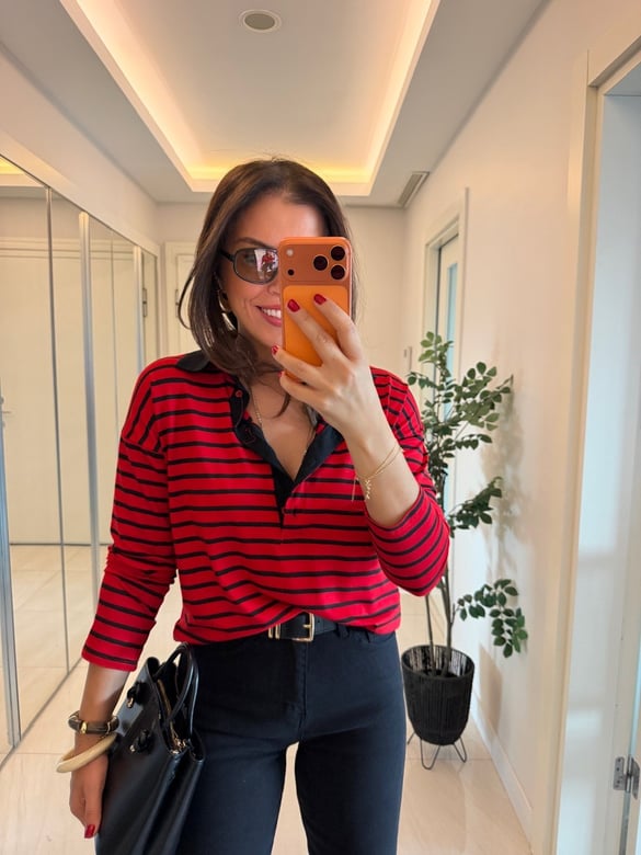 Polo Yaka Kırmızı Siyah Çizgili Basic