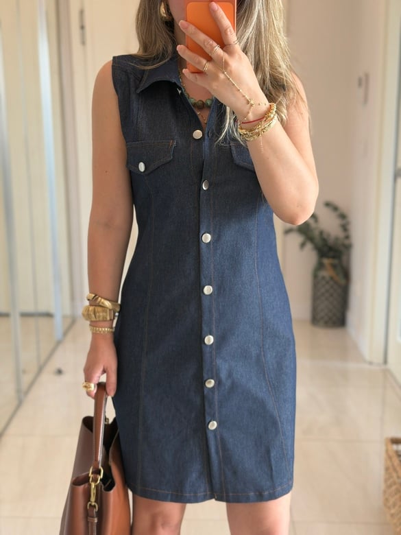 Polo Yaka Likralı Denim Elbise