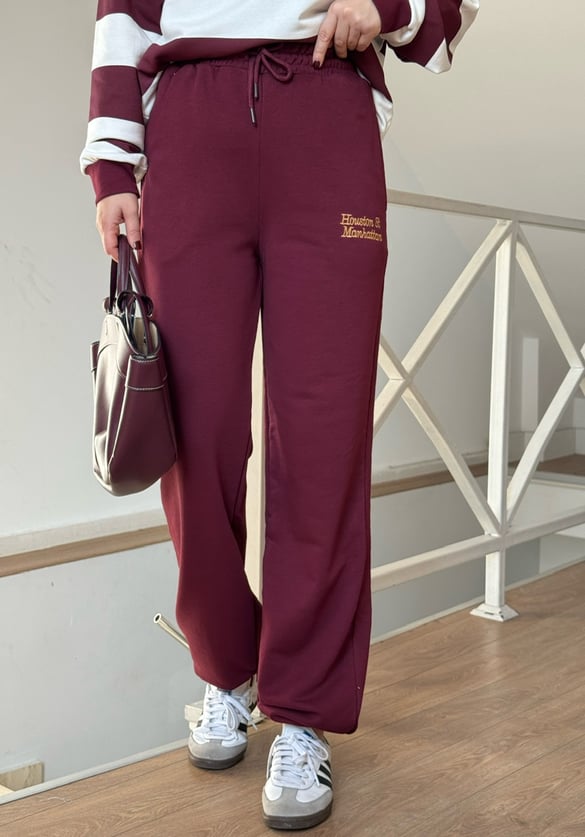 Çizgili Sweatshirt Eşofman Takım - Bordo