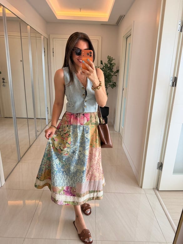 Patchwork Desen Dantel Detaylı Etek