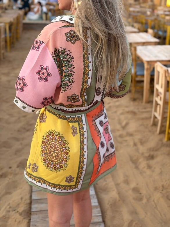 Patchwork Desen Kuşaklı Mini Elbise 