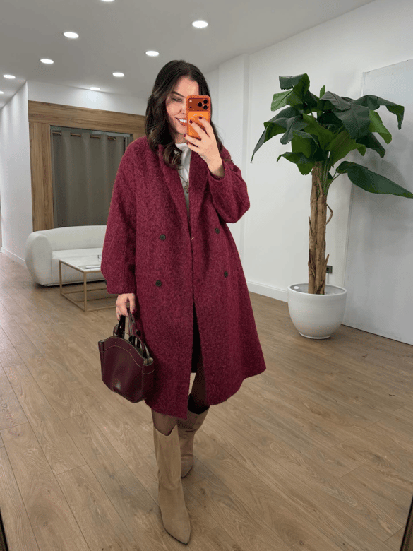 Premium Seri Kolu Düğmeli Buklet Kaban - Bordo
