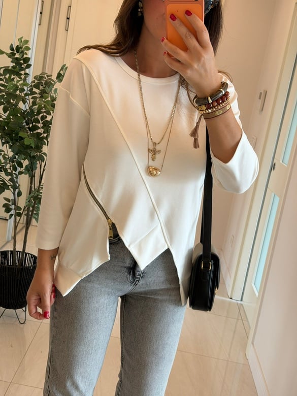 Fermuar Detaylı Modal Sweatshirt-Beyaz