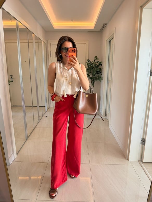 Premium Tensel Palazzo Denim Pantolon - Kırmızı