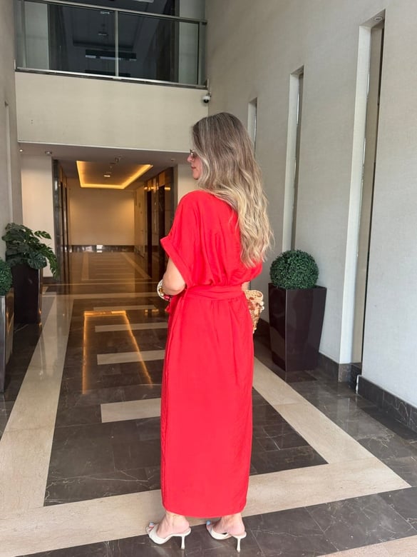 Beli Kuşaklı Modal Elbise-Kırmızı