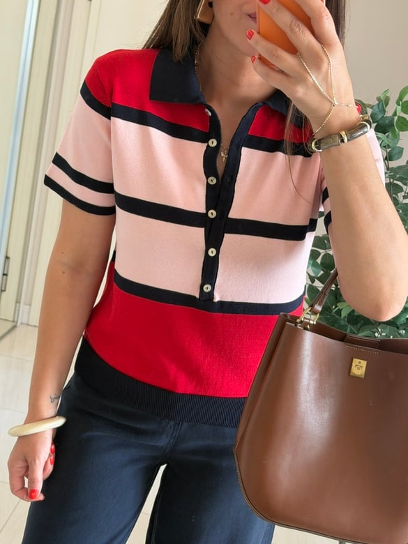 Polo Yaka Kırmızı Pembe Çizgili Merserize Triko