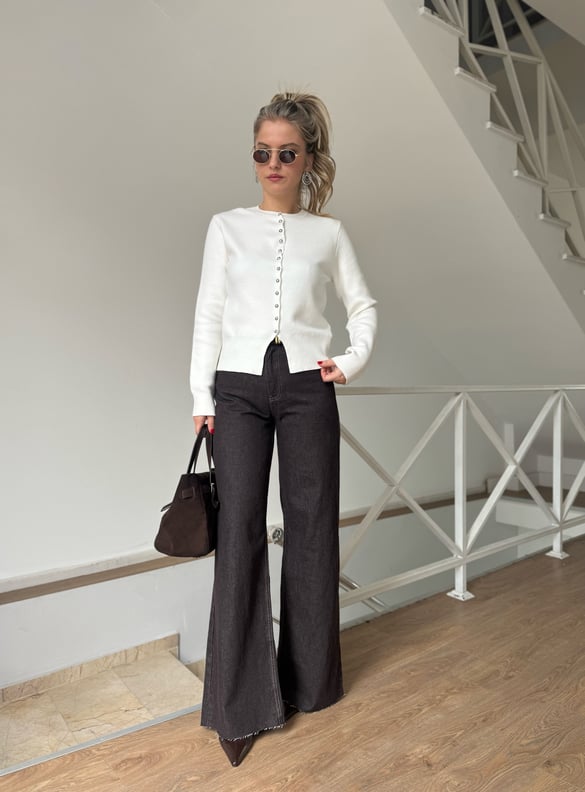 Süet Kemerli İspanyol Paça Jean - Kahverengi