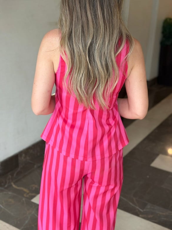 Kırmızı Pembe Çizgili Bluz Pantolon Takım