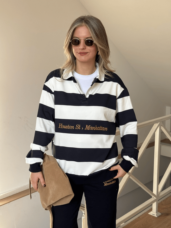 Çizgili Sweatshirt Eşofman Takım - Lacivert