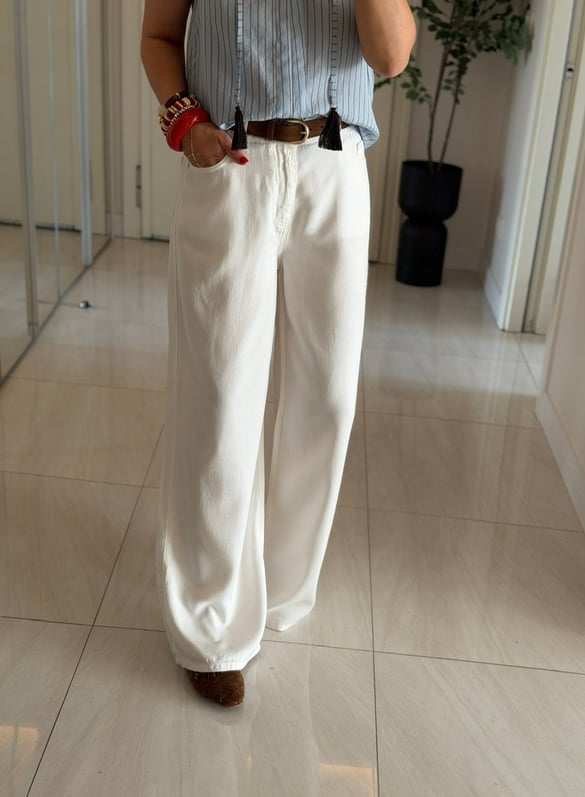 Premium Tensel Palazzo Denim Pantolon - Beyaz 