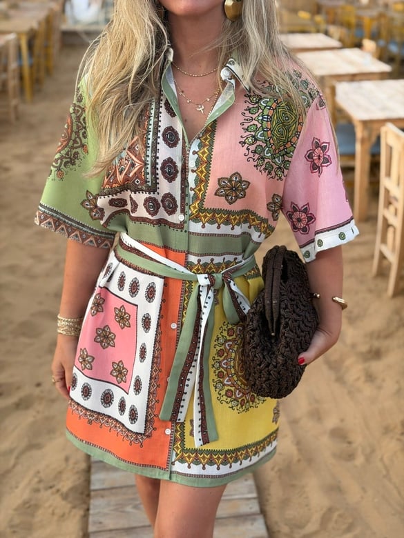 Patchwork Desen Kuşaklı Mini Elbise 