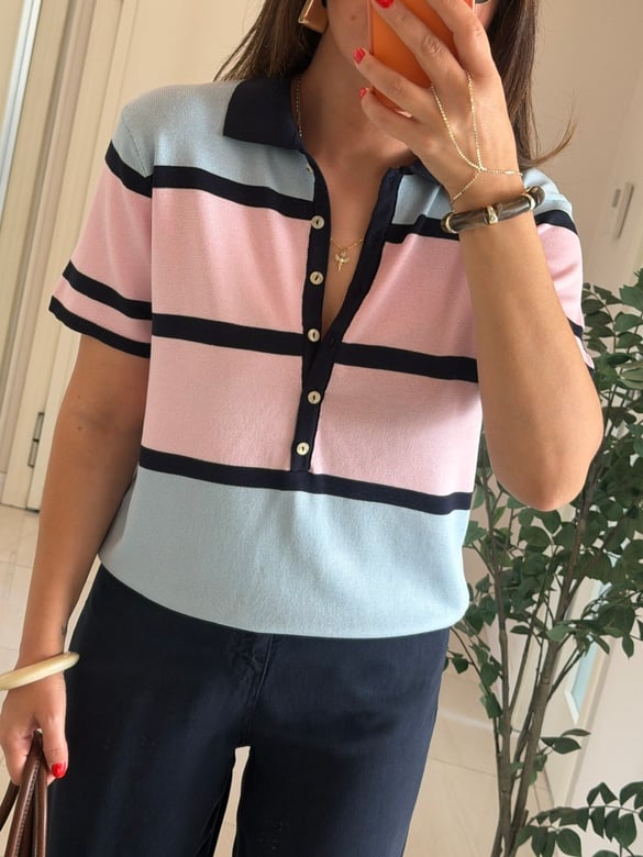 Polo Yaka Pembe Mavi Çizgili Merserize Triko