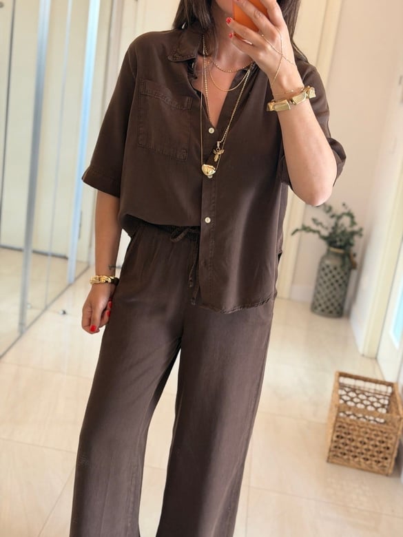 Yarım Kol Premium Tensel Denim Takım -  Kahve