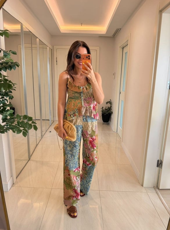 Patchwork Desenli Beli Lastikli Vual Pantolon