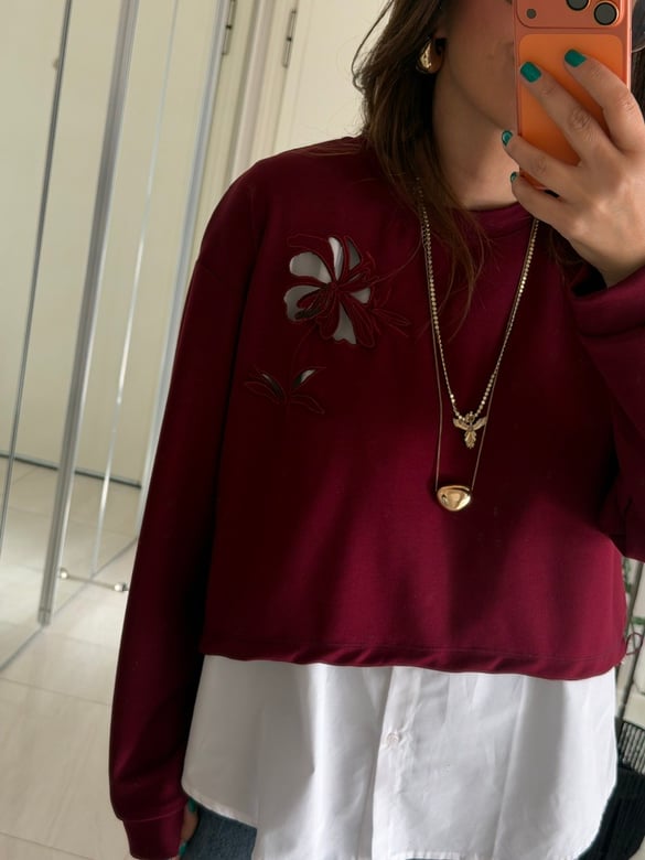 Orijinal Model Nakışlı Gömlekli Sweat - Bordo