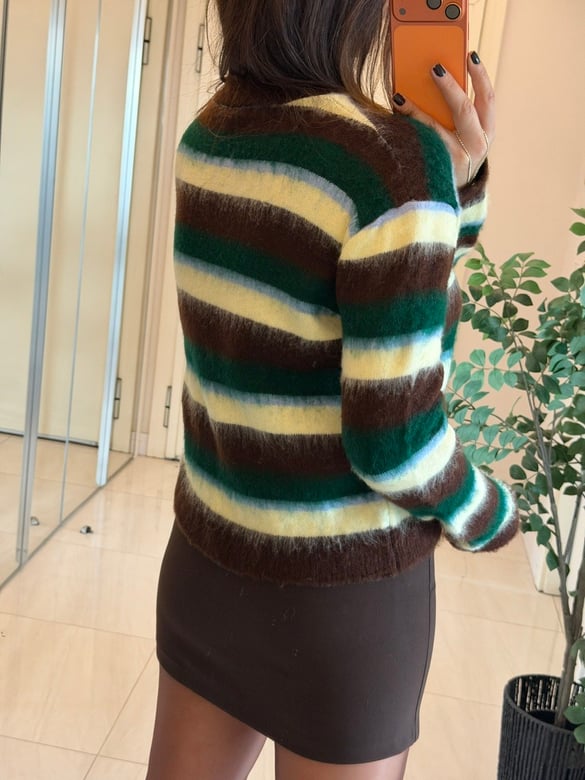Kahve Sarı Çizgili Sakallı Triko Kazak