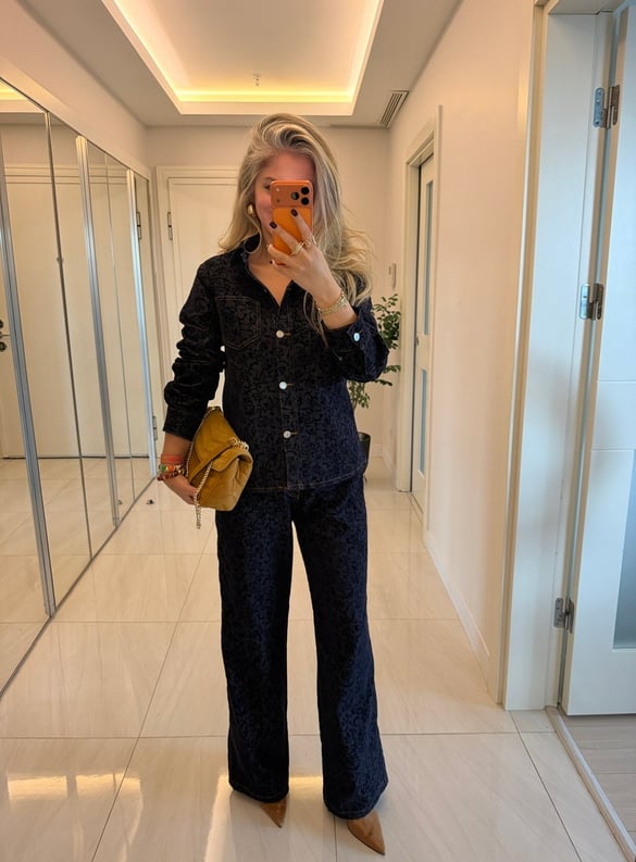 Orijinal Marka Jakar Dokuma Detaylı Denim Takım - Lacivert 