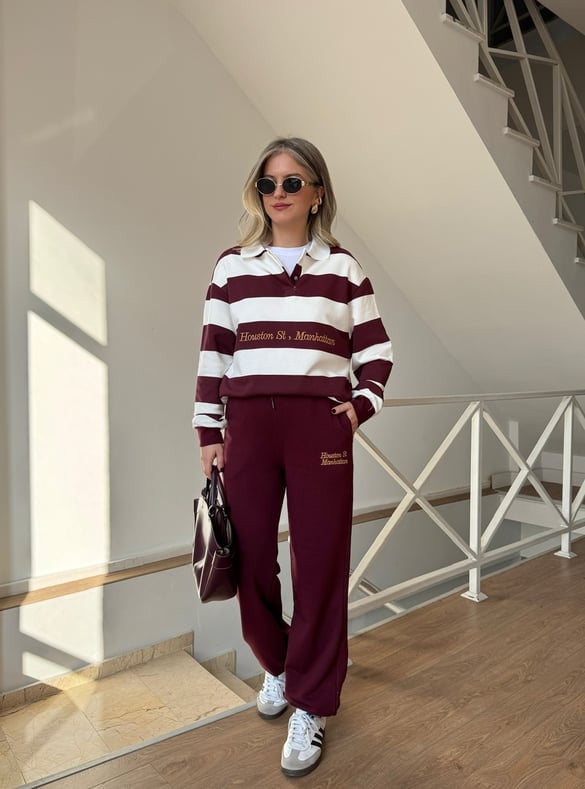 Çizgili Sweatshirt Eşofman Takım - Bordo