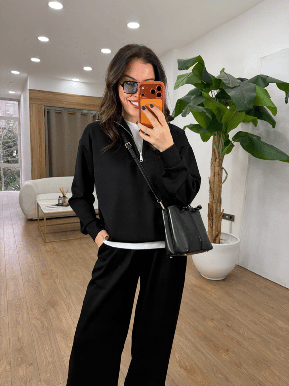 Fermuar Detaylı Sweatshirt Pantolon Modal Takım - Siyah