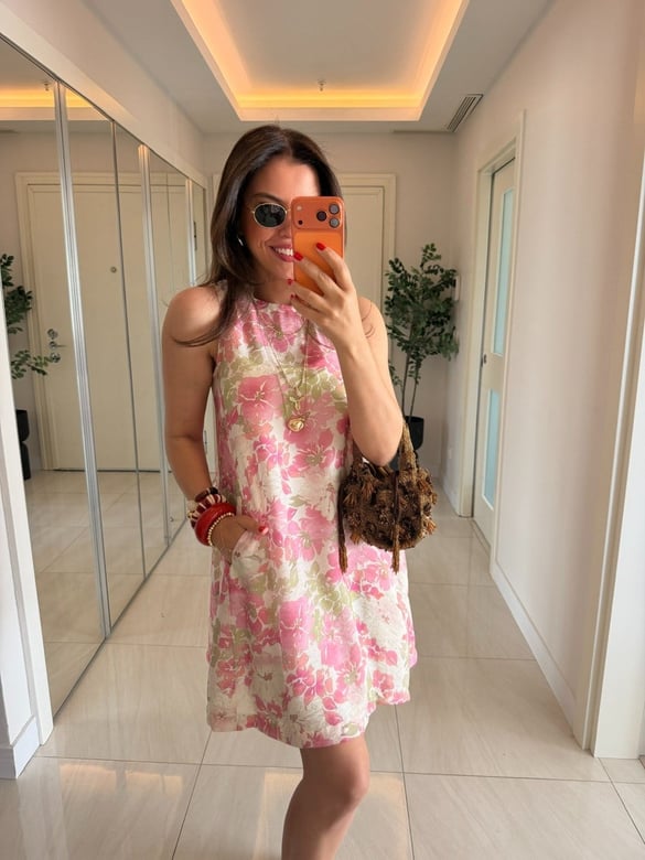 Çiçek Desenli Astarlı Elbise - Pembe 