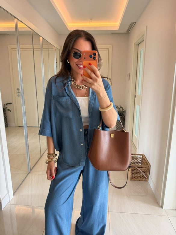 Yarım Kol Premium Tensel Denim Takım - Mavi