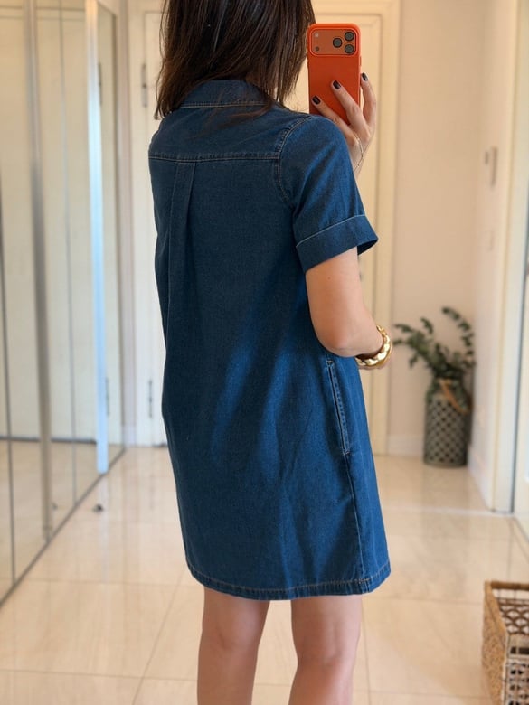 Polo Yaka Kısa Kollu Denim Elbise