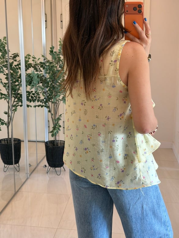 Çıtır Çiçek Desenli Fırfırlı Tensel Bluz  - Sarı