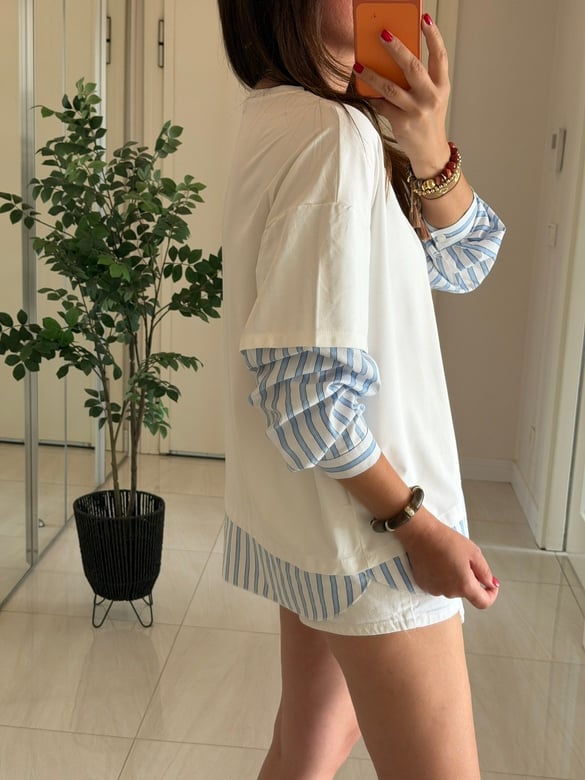 Çizgili Poplin Detaylı Sweatshirt-Beyaz
