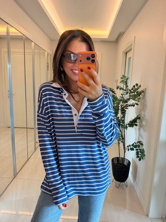 Polo Yaka Mavi Beyaz Çizgili Basic