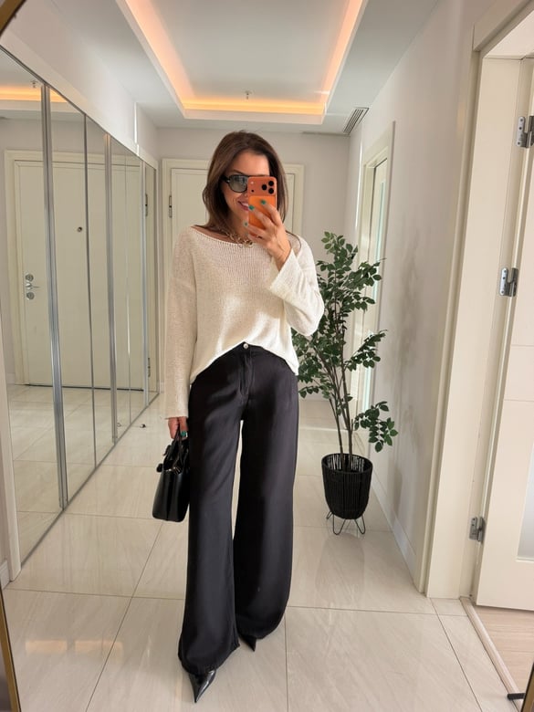 Bel Arkası Lastikli Tensel Denim Palazzo - Siyah