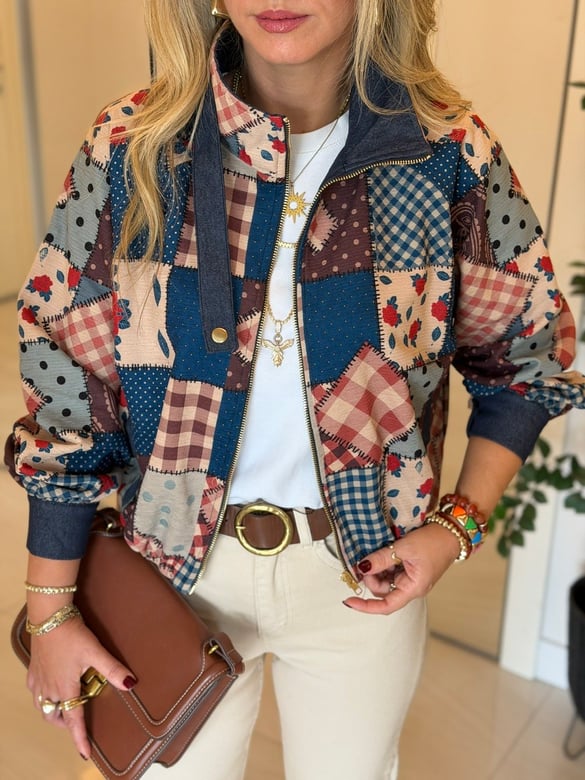 Patchwork Desen Yüksek Yaka Bomber 